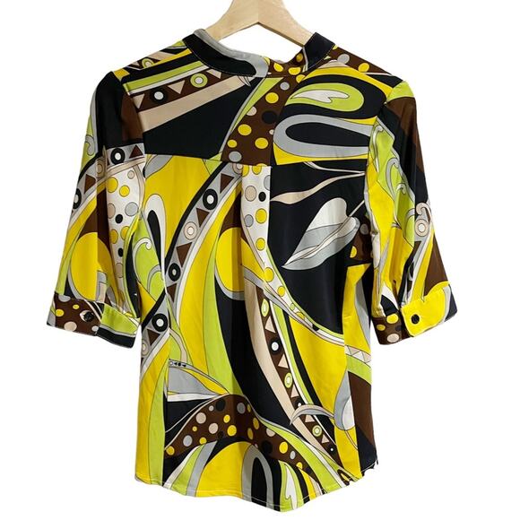 Citrine Women medium Yellow Abstract Art To Wear Half Sleeve Button Front Blouse - Picture 2 of 5